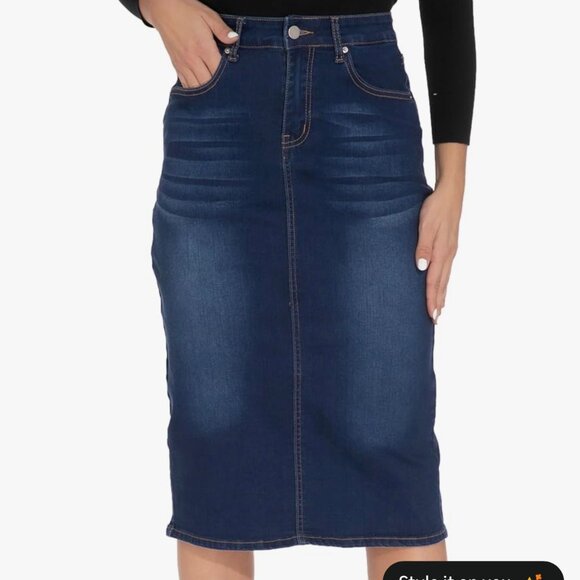 GUANYY High-Waisted Denim Midi Pencil Skirt – XL – Stretch - Picture 6 of 6